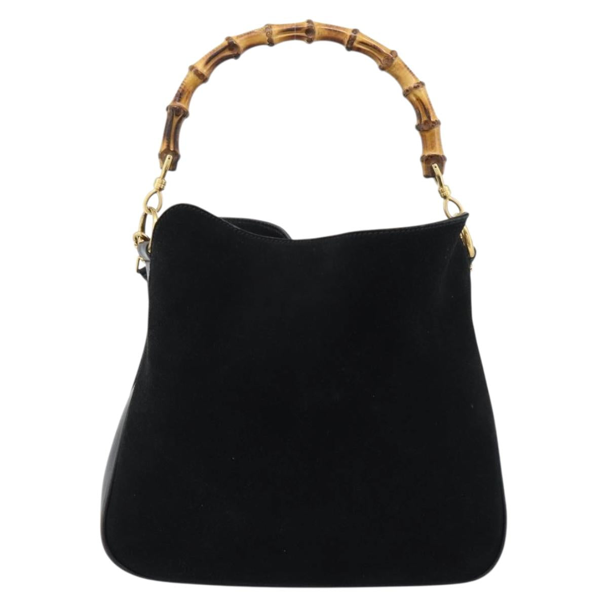GUCCI Bamboo Shoulder Bag Suede 2way Black Gold 0013754 1638 Auth 189697
