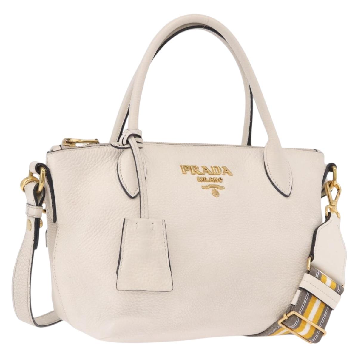 PRADA Hand Bag Vittero Dino Leather 2way White Gold Auth 189711A
