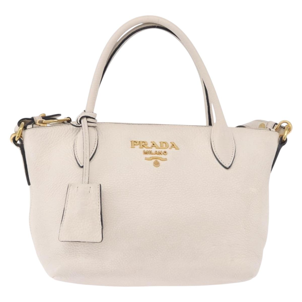 PRADA Hand Bag Vittero Dino Leather 2way White Gold Auth 189711A