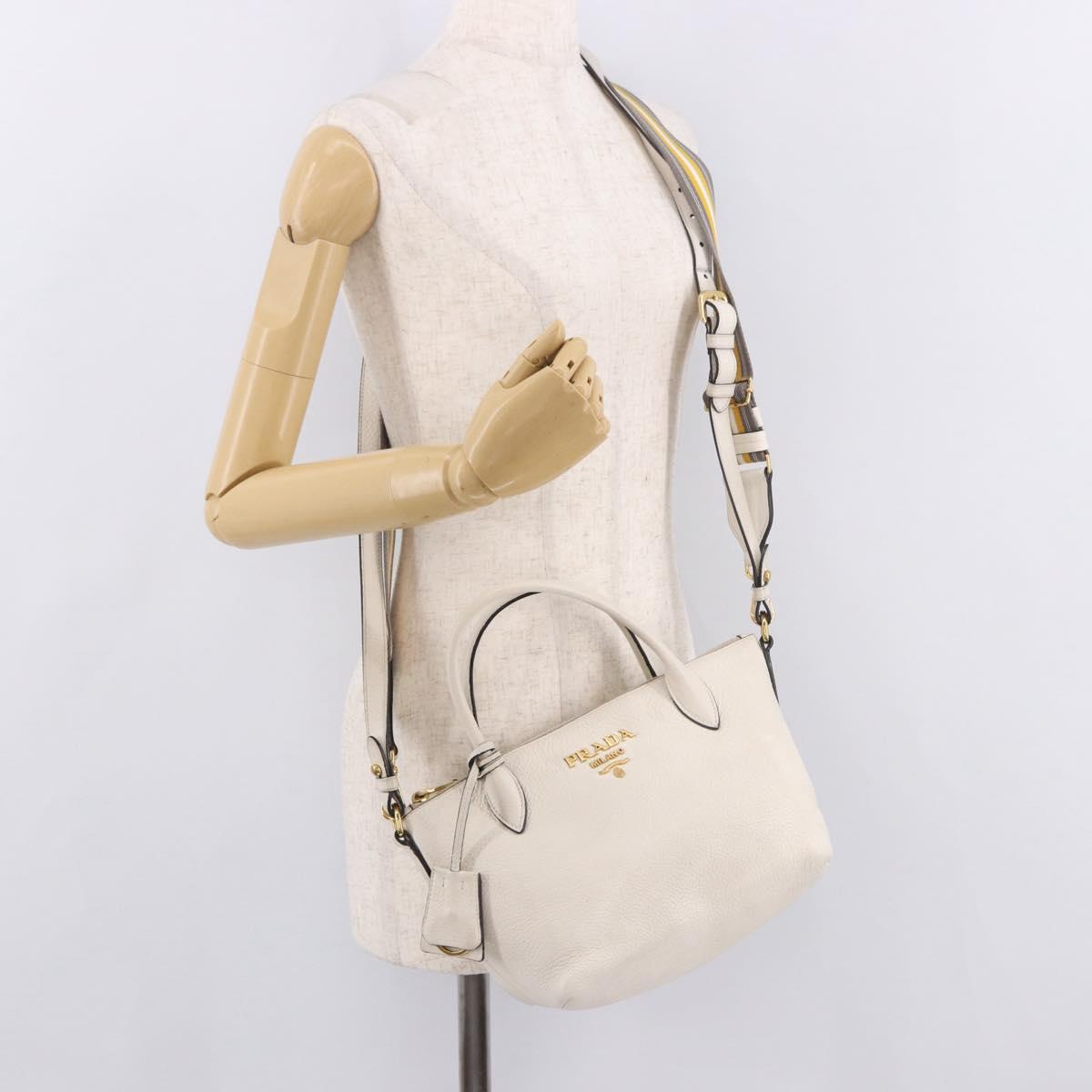 PRADA Hand Bag Vittero Dino Leather 2way White Gold Auth 189711A