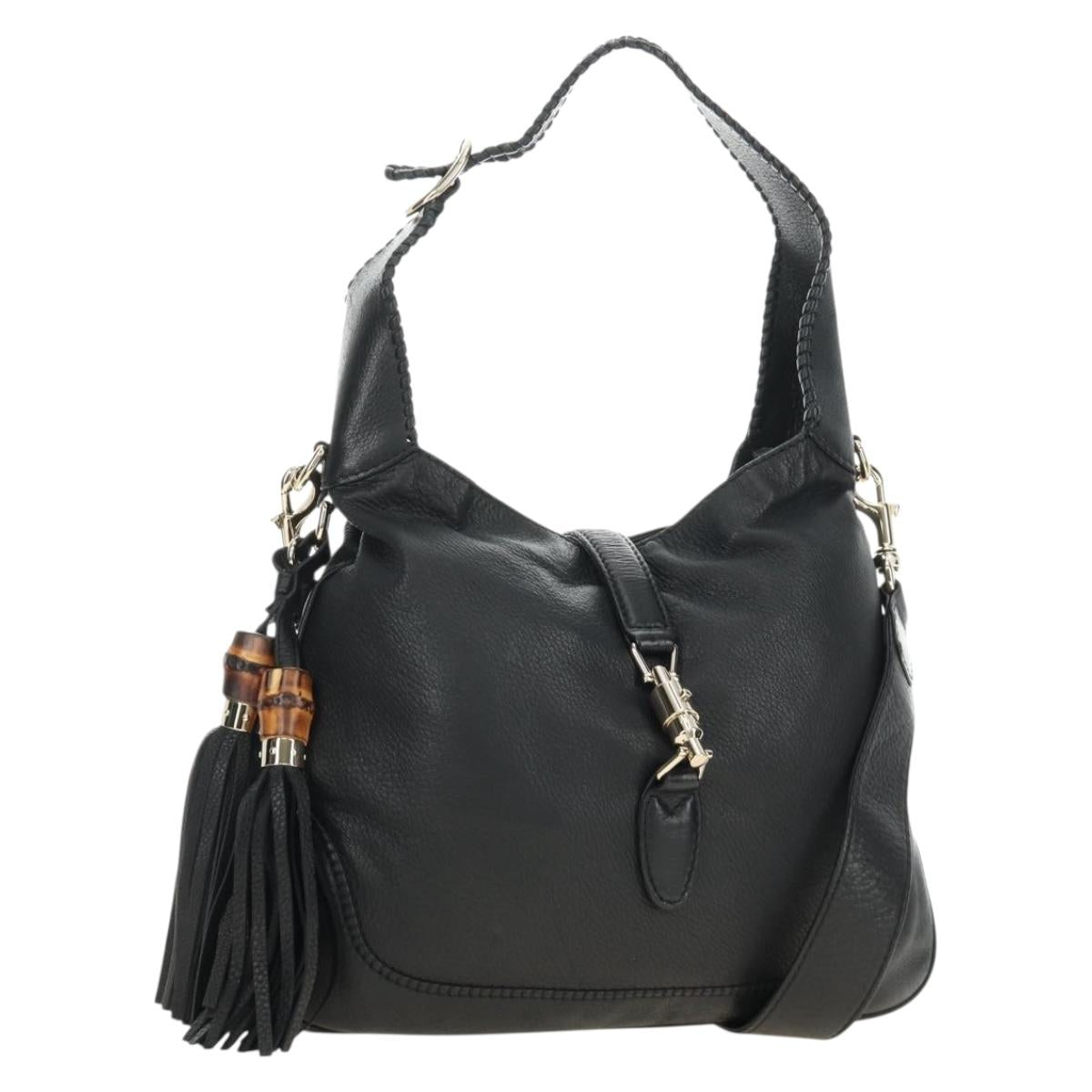 GUCCI Bamboo New Jackie Shoulder Bag Leather 2way Black Gold 246907 Auth 189713V
