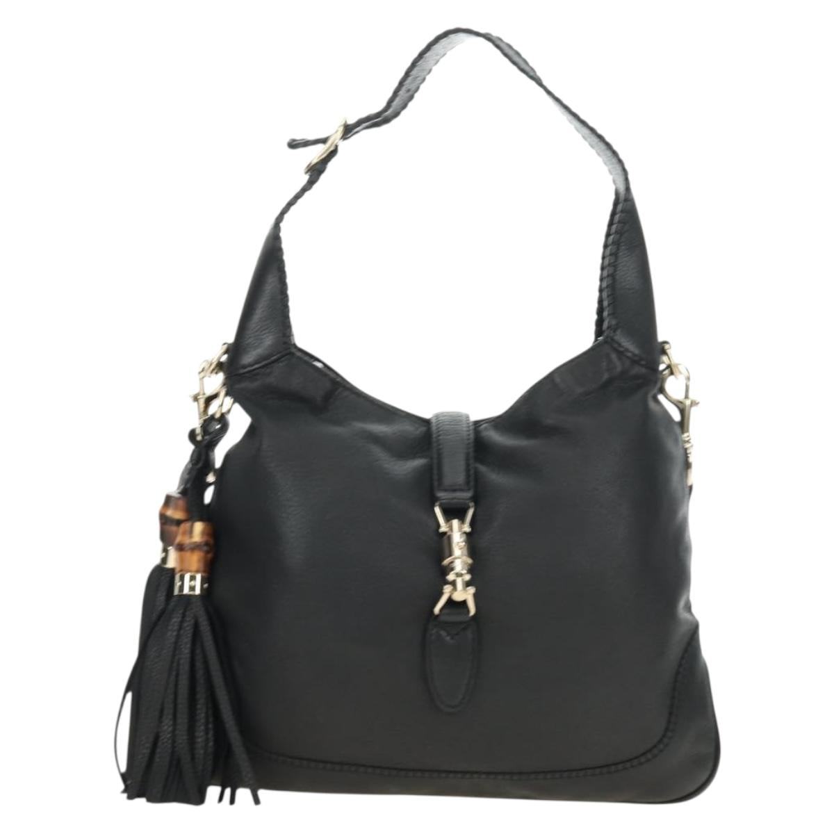 GUCCI Bamboo New Jackie Shoulder Bag Leather 2way Black Gold 246907 Auth 189713V