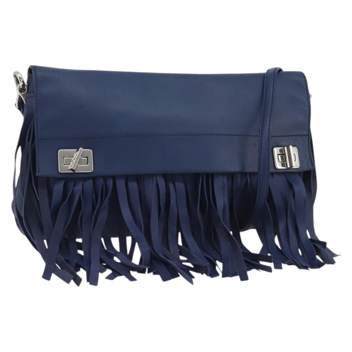 PRADA Shoulder Bag Leather Blue Silver Auth 189715A