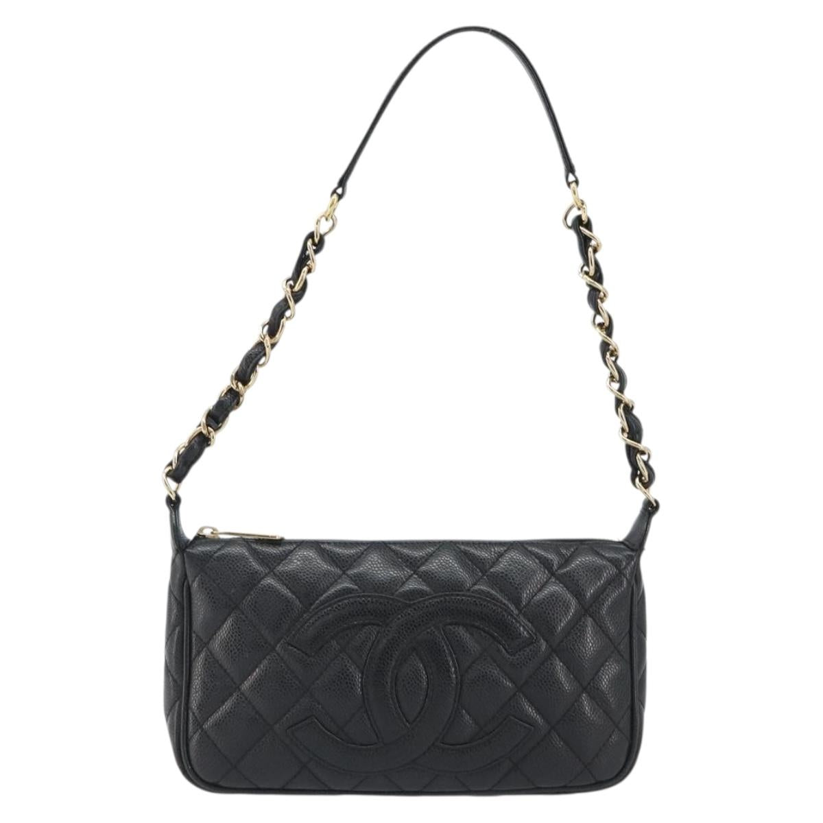 CHANEL Matelasse Chain Shoulder Bag Caviar Skin Black Gold CC Auth 189723V