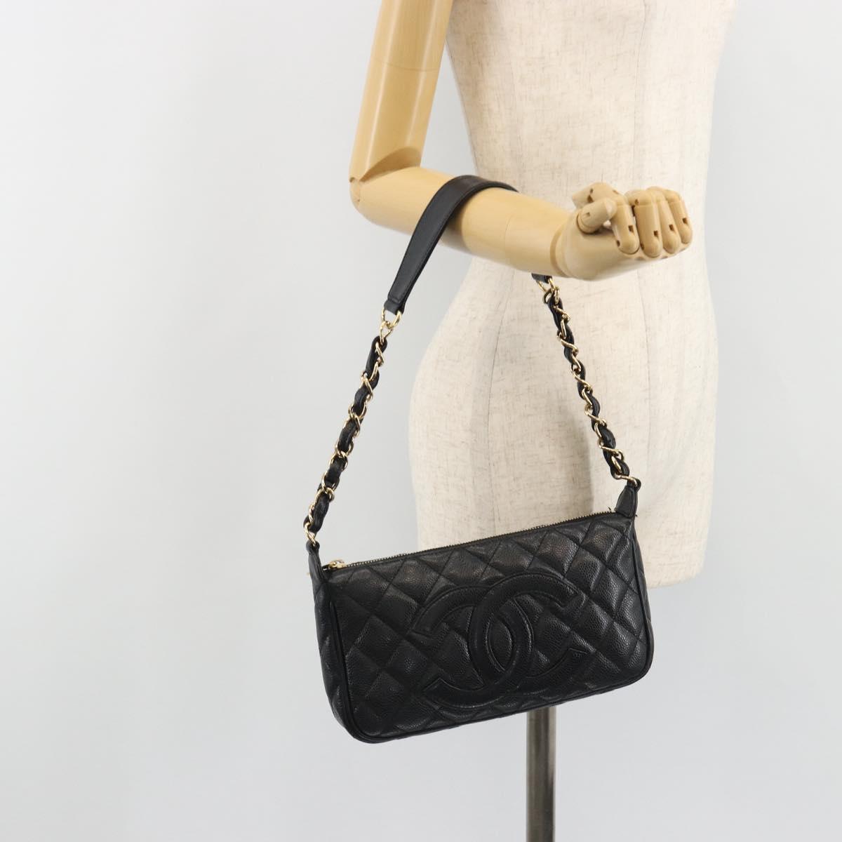 CHANEL Matelasse Chain Shoulder Bag Caviar Skin Black Gold CC Auth 189723V