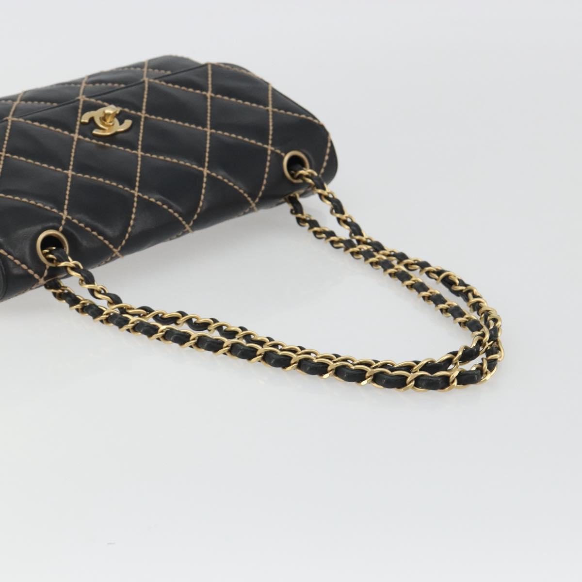 CHANEL Wild Stitch Chain Shoulder Bag Leather Black Gold CC Auth 189724V