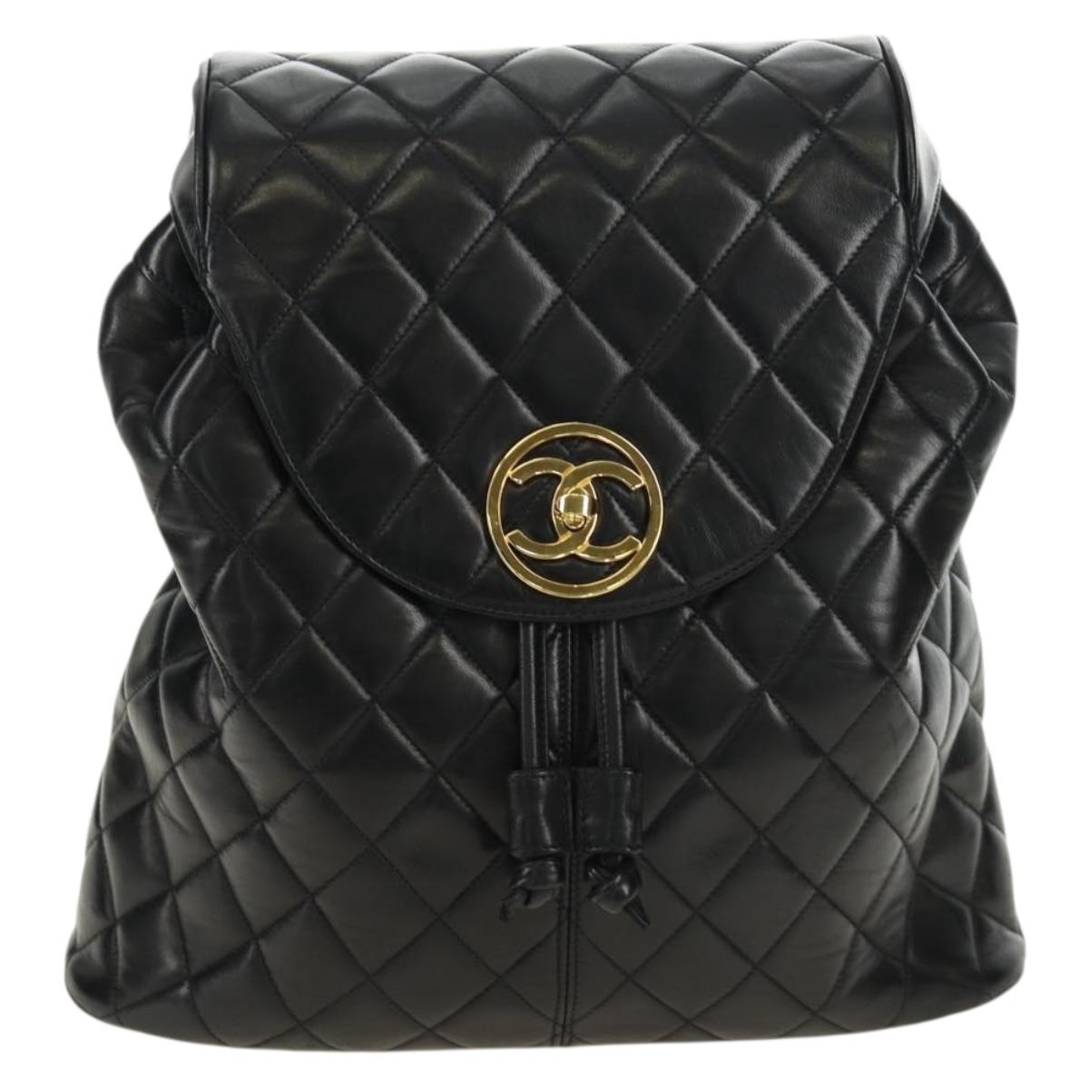CHANEL Matelasse Backpack Lamb Skin Black Gold CC Auth 189728V