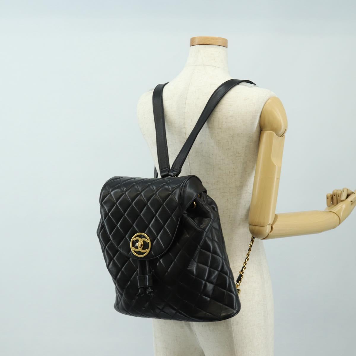 CHANEL Matelasse Backpack Lamb Skin Black Gold CC Auth 189728V