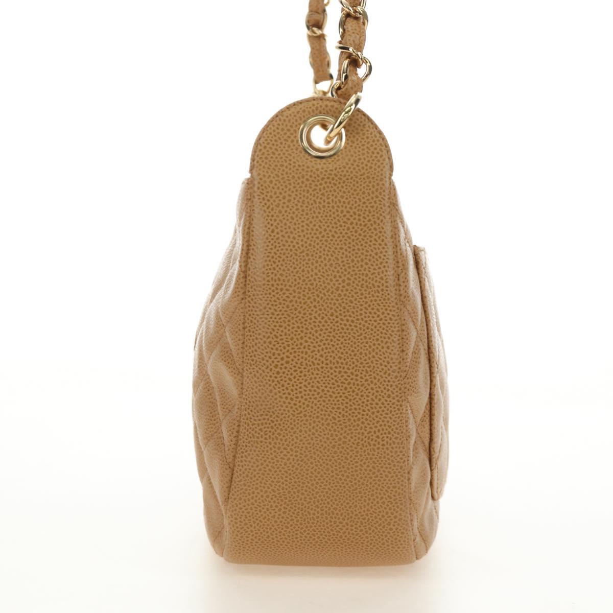 CHANEL Matelasse Chain Shoulder Bag Caviar Skin Beige Gold CC Auth 189729SV