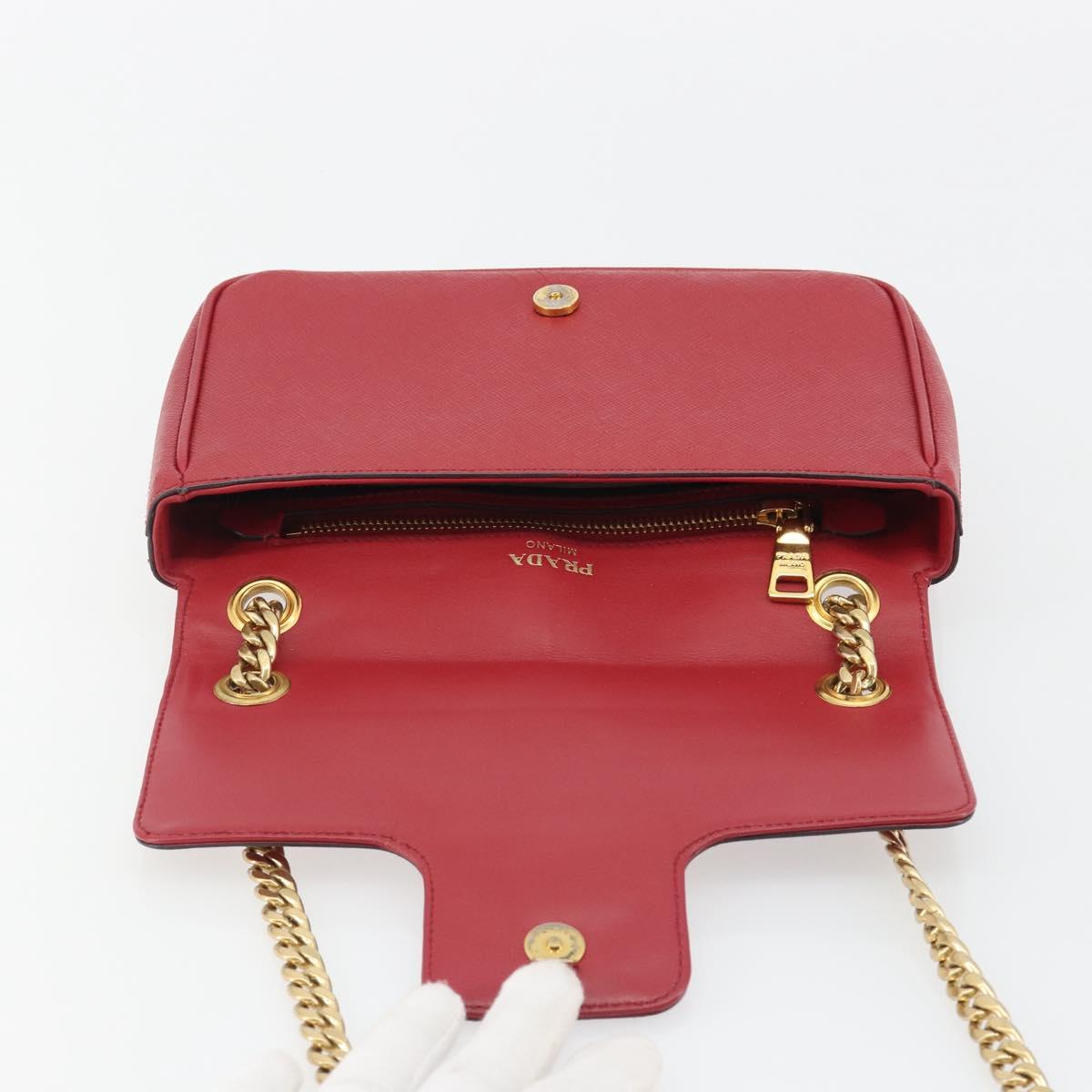 PRADA Chain Shoulder Bag Safiano Leather Red Gold Auth 189736