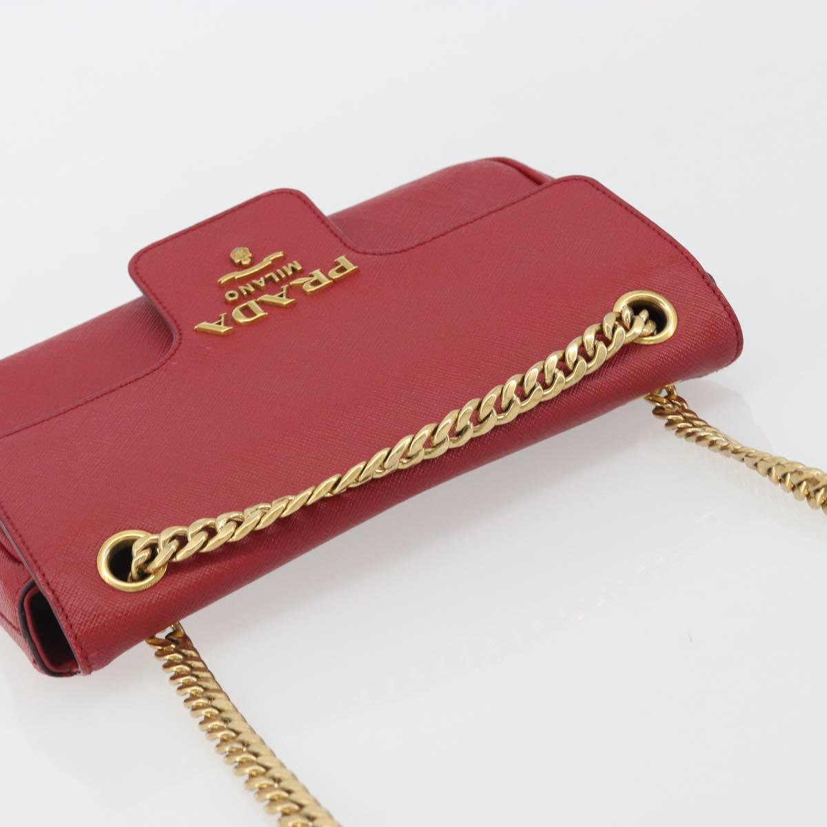 PRADA Chain Shoulder Bag Safiano Leather Red Gold Auth 189736