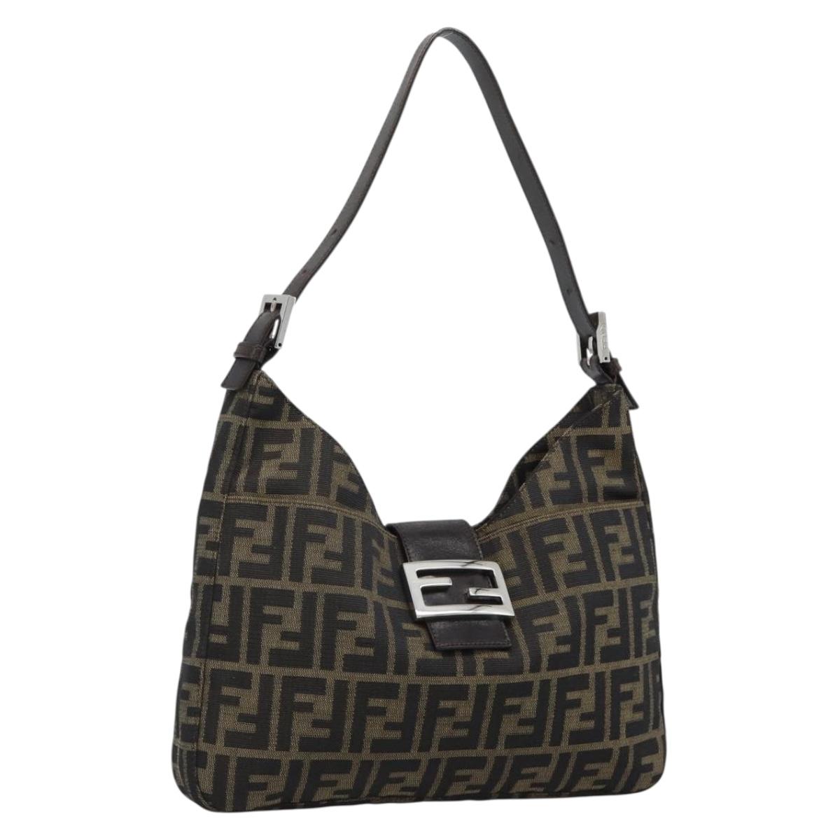 FENDI Zucca Canvas Mamma Baguette Shoulder Bag Black Brown Auth 189740V