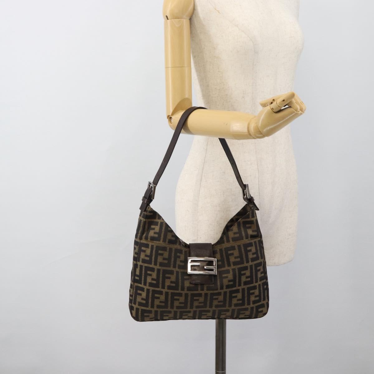 FENDI Zucca Canvas Mamma Baguette Shoulder Bag Black Brown Auth 189740V
