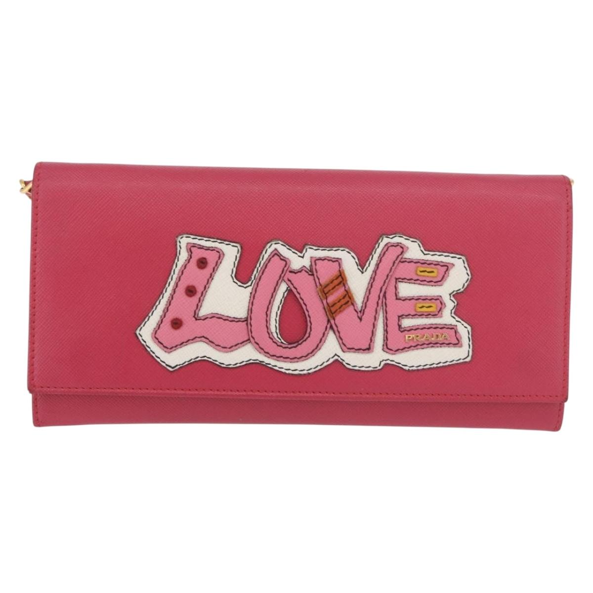 PRADA Chain Shoulder Wallet Safiano leather Pink Gold Auth 189760