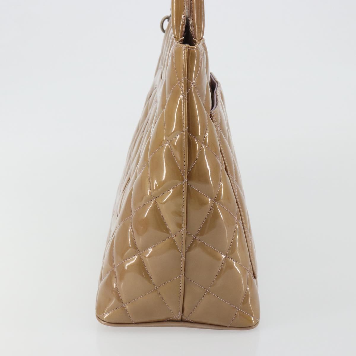 CHANEL Matelasse Reprint Tote Bag Patent leather Beige CC Auth 189771M
