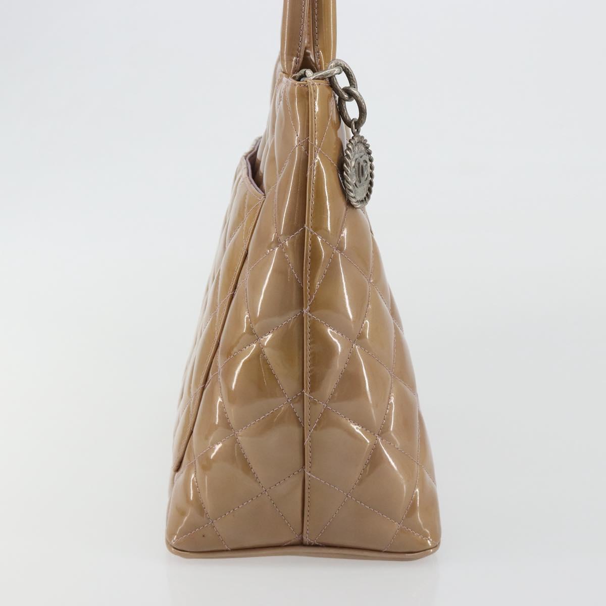 CHANEL Matelasse Reprint Tote Bag Patent leather Beige CC Auth 189771M