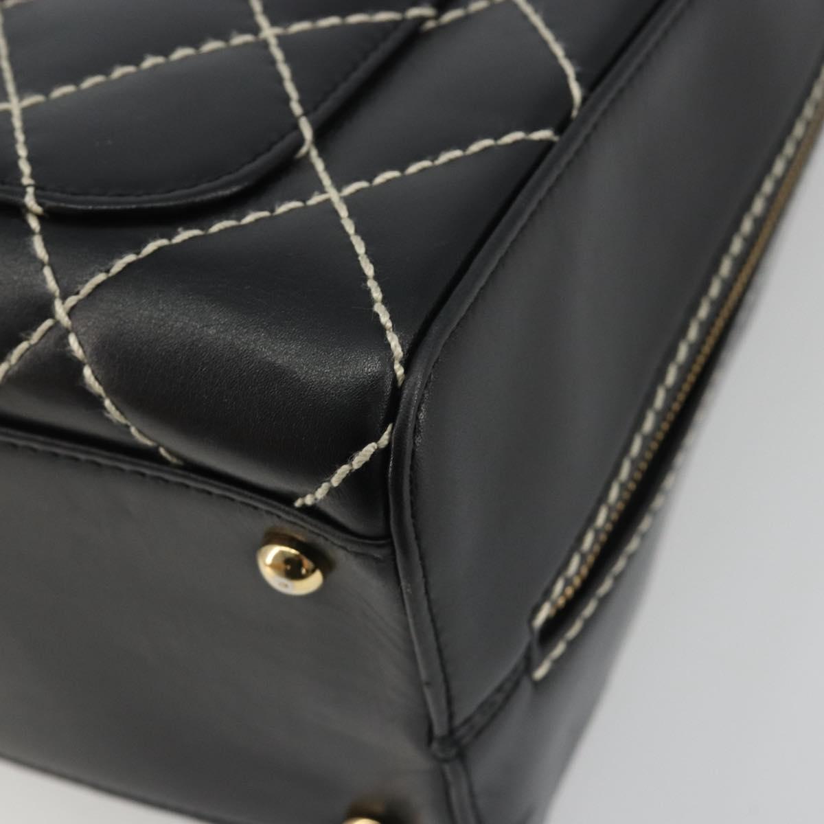 CHANEL Wild Stitch Hand Bag Leather Black Gold CC Auth 189773