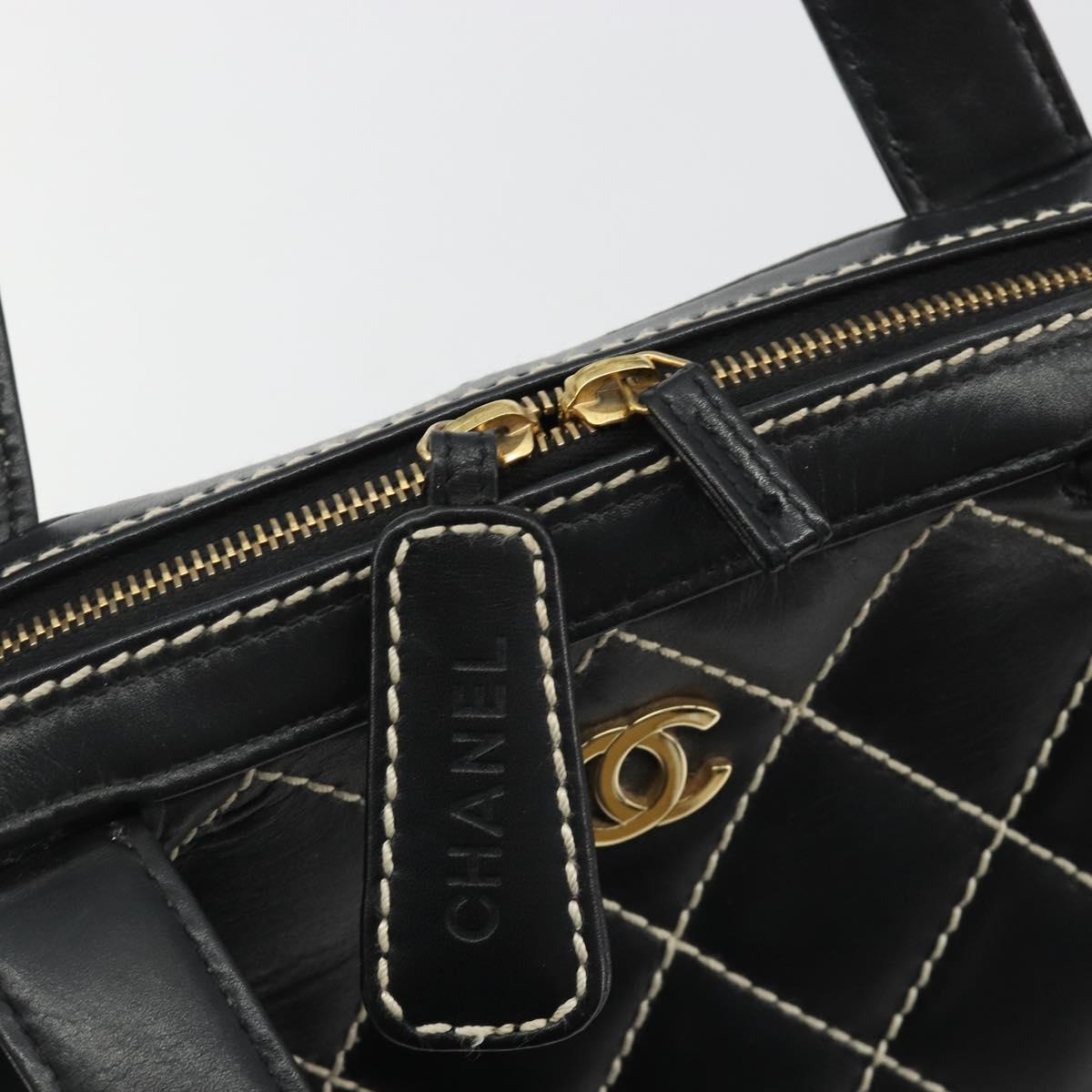 CHANEL Wild Stitch Hand Bag Leather Black Gold CC Auth 189773
