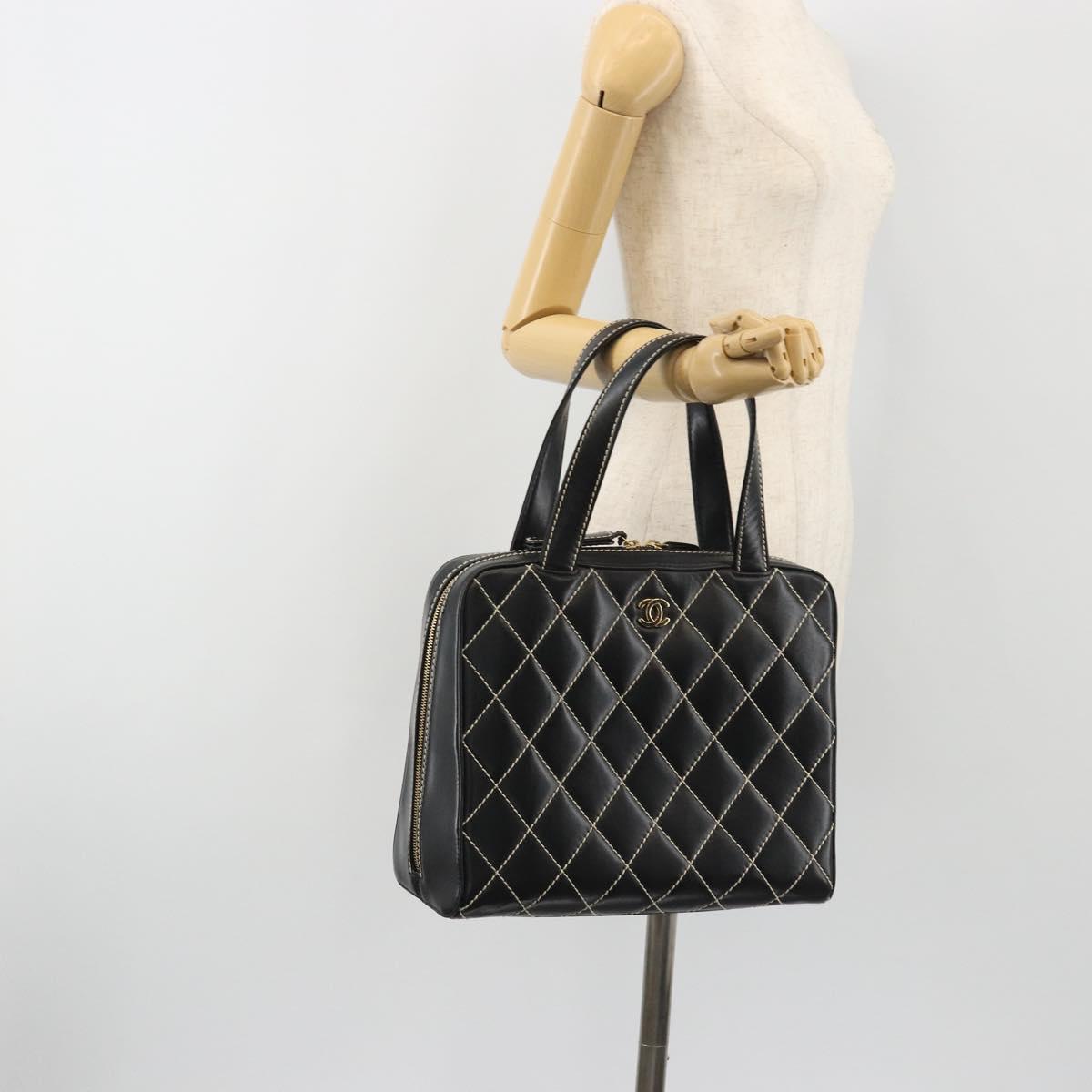 CHANEL Wild Stitch Hand Bag Leather Black Gold CC Auth 189773