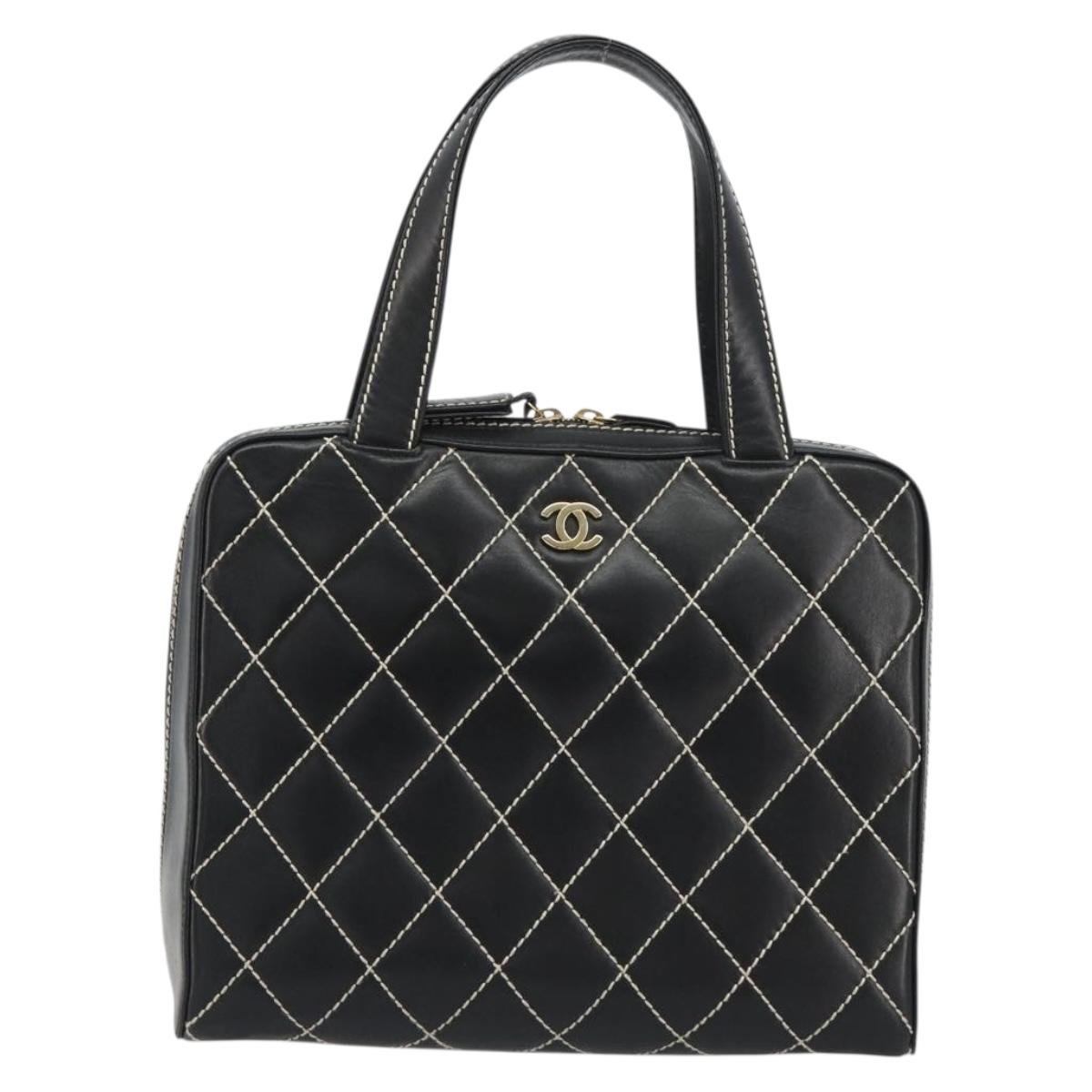 CHANEL Wild Stitch Hand Bag Leather Black Gold CC Auth 189773