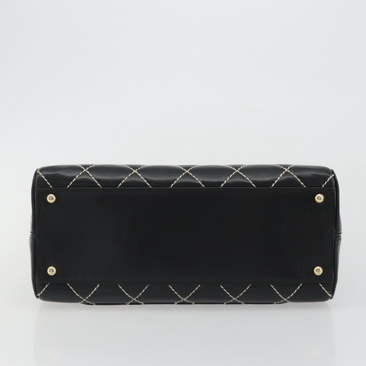 CHANEL Wild Stitch Hand Bag Leather Black Gold CC Auth 189773