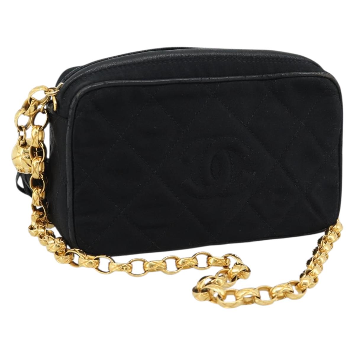 CHANEL Matelasse Chain Shoulder Bag Satin Black Gold CC Auth 189794V