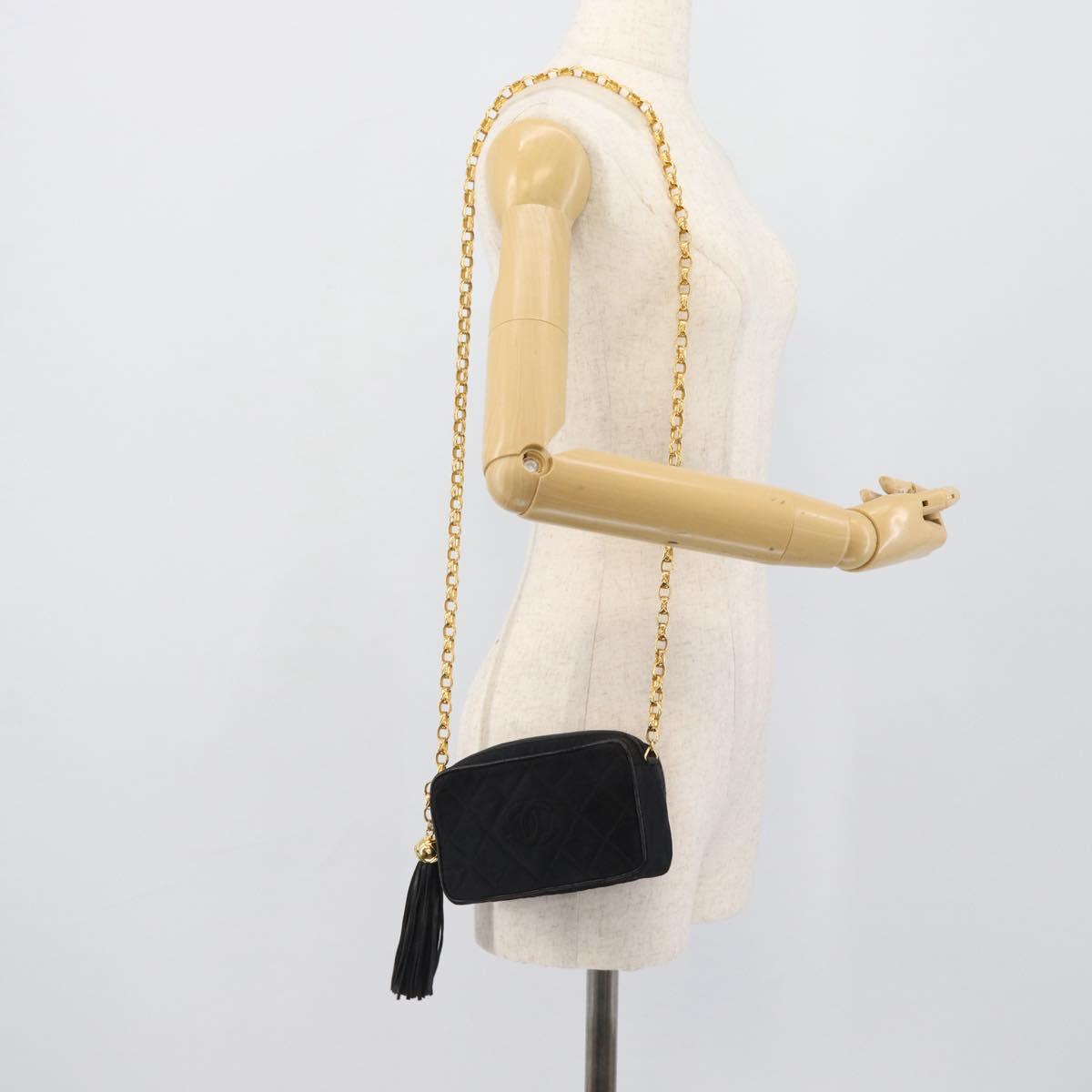 CHANEL Matelasse Chain Shoulder Bag Satin Black Gold CC Auth 189794V