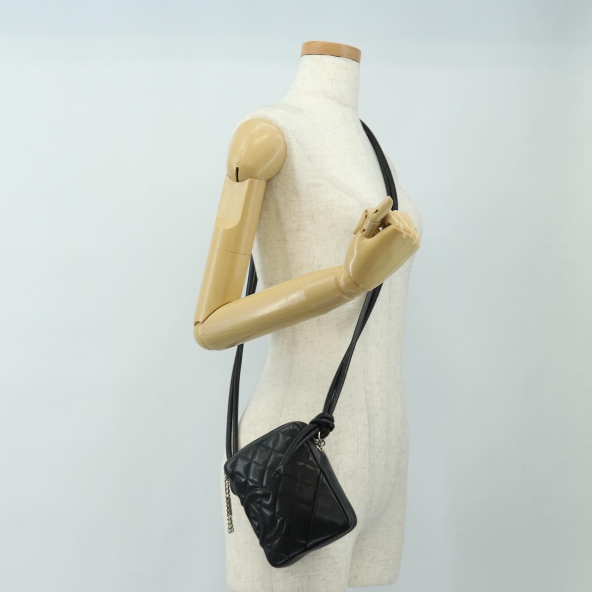CHANEL Cambon Line Matelasse Shoulder Bag Leather Black Silver CC Auth 189797V