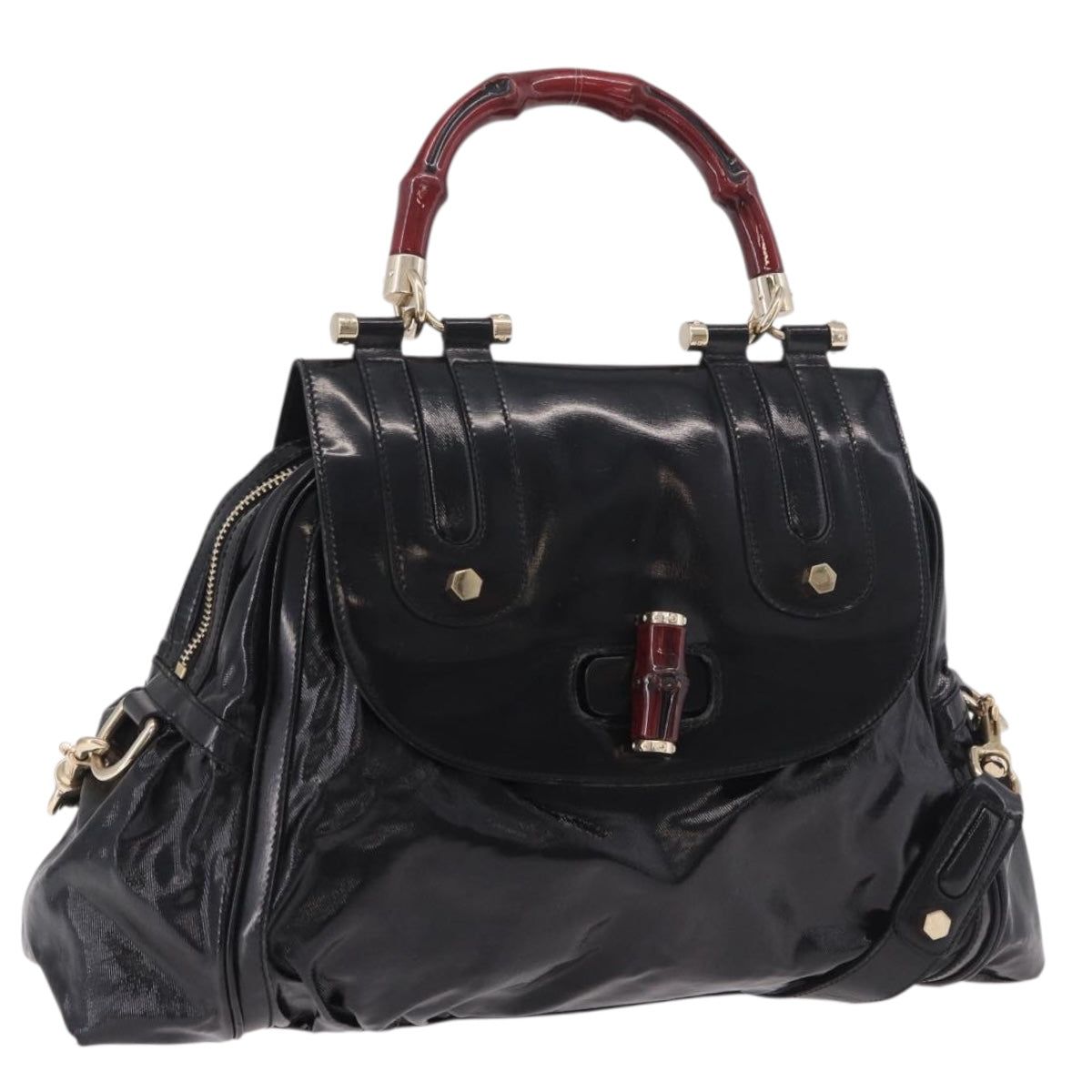 GUCCI Bamboo Hand Bag PVC Canvas 2way Black Gold Auth 189804A