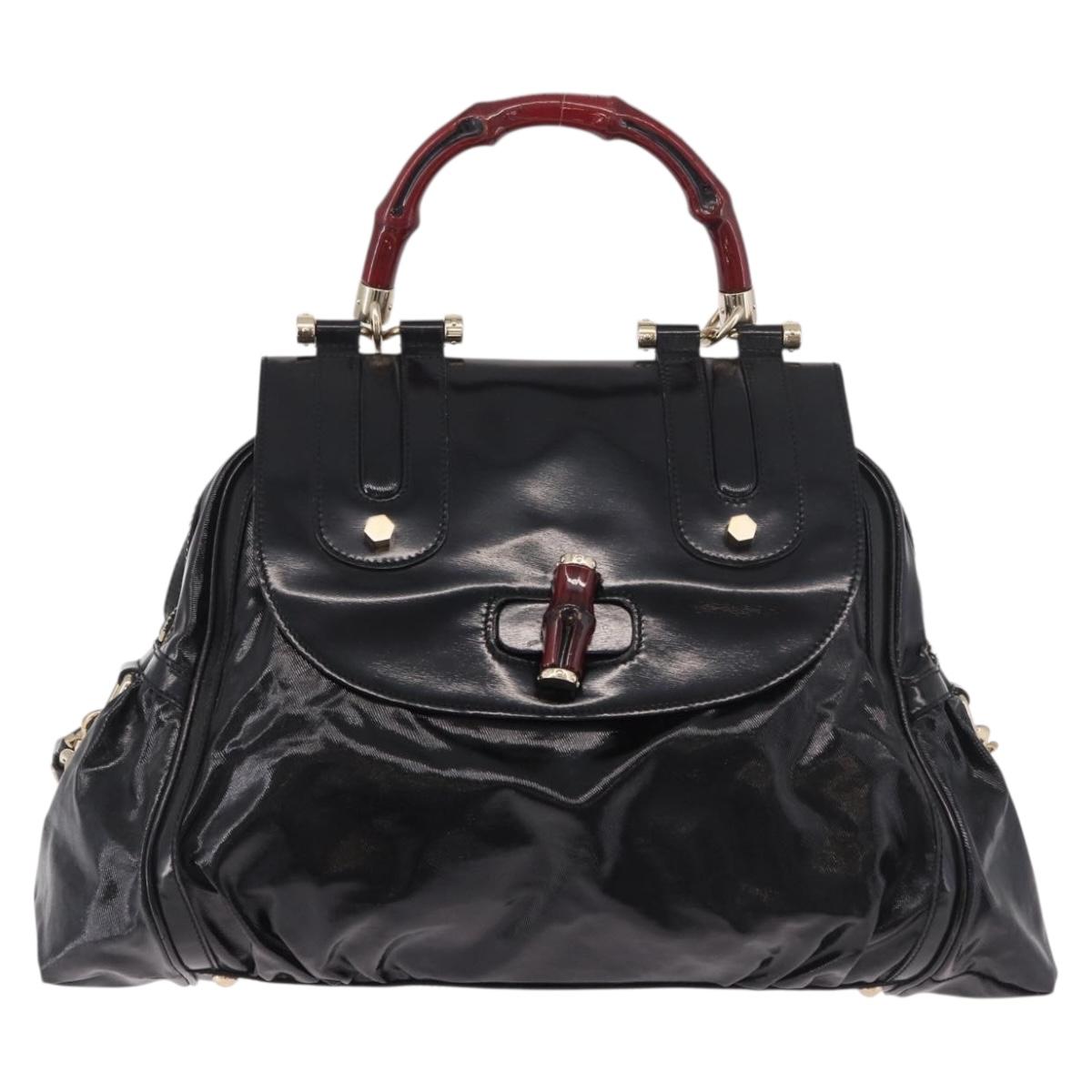GUCCI Bamboo Hand Bag PVC Canvas 2way Black Gold Auth 189804A