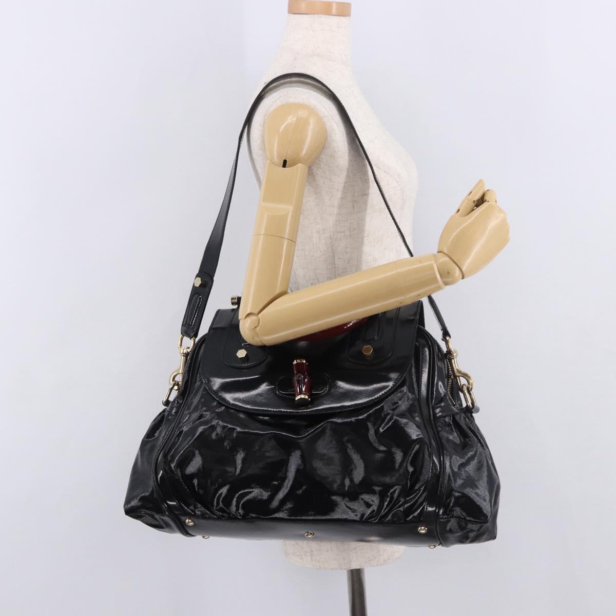 GUCCI Bamboo Hand Bag PVC Canvas 2way Black Gold Auth 189804A