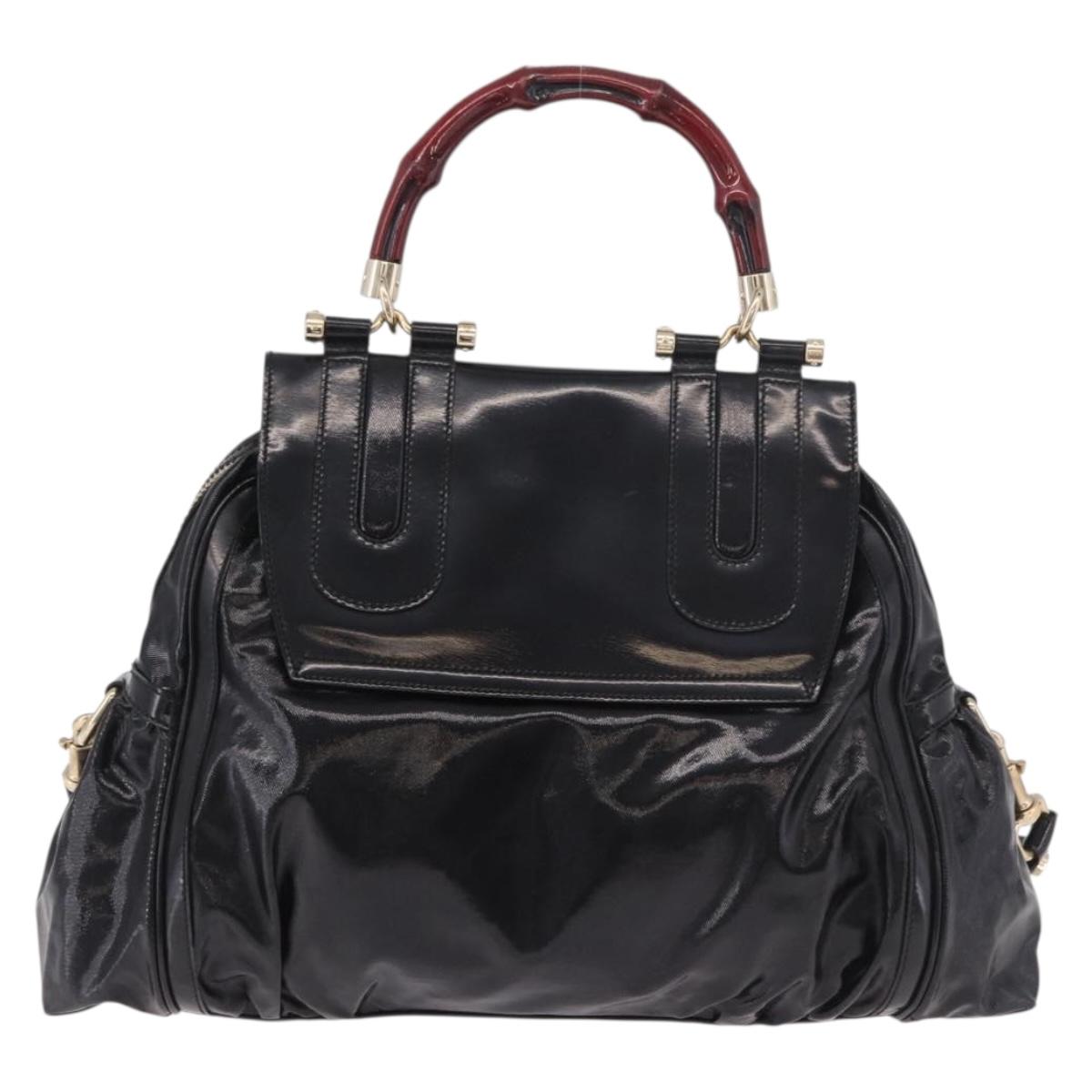 GUCCI Bamboo Hand Bag PVC Canvas 2way Black Gold Auth 189804A