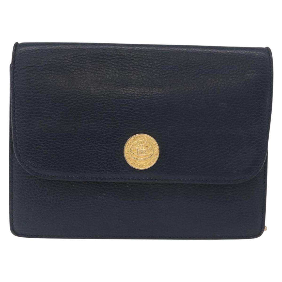 CELINE Medallion Chain Shoulder Bag Leather Black Gold Auth 189809A