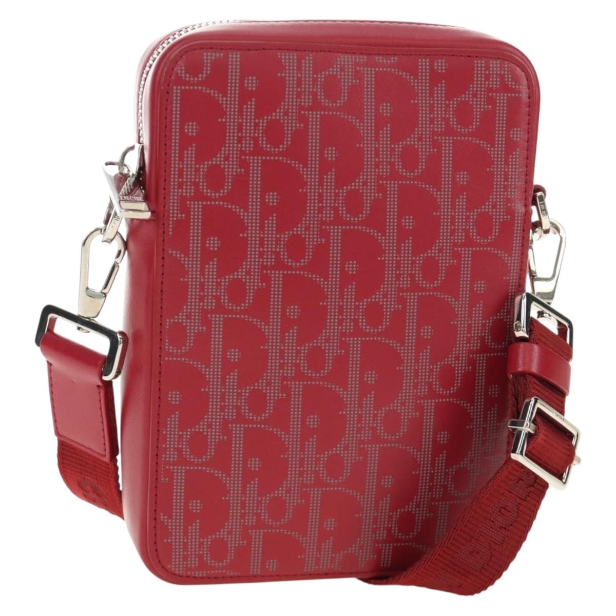 Christian Dior Trotter Canvas Shoulder Bag Leather Red Silver Auth 189811SM