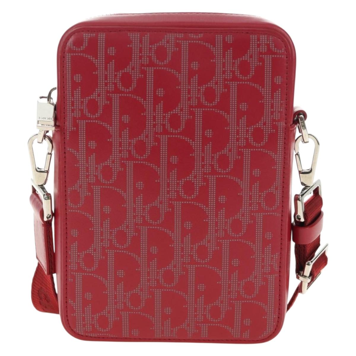 Christian Dior Trotter Canvas Shoulder Bag Leather Red Silver Auth 189811SM