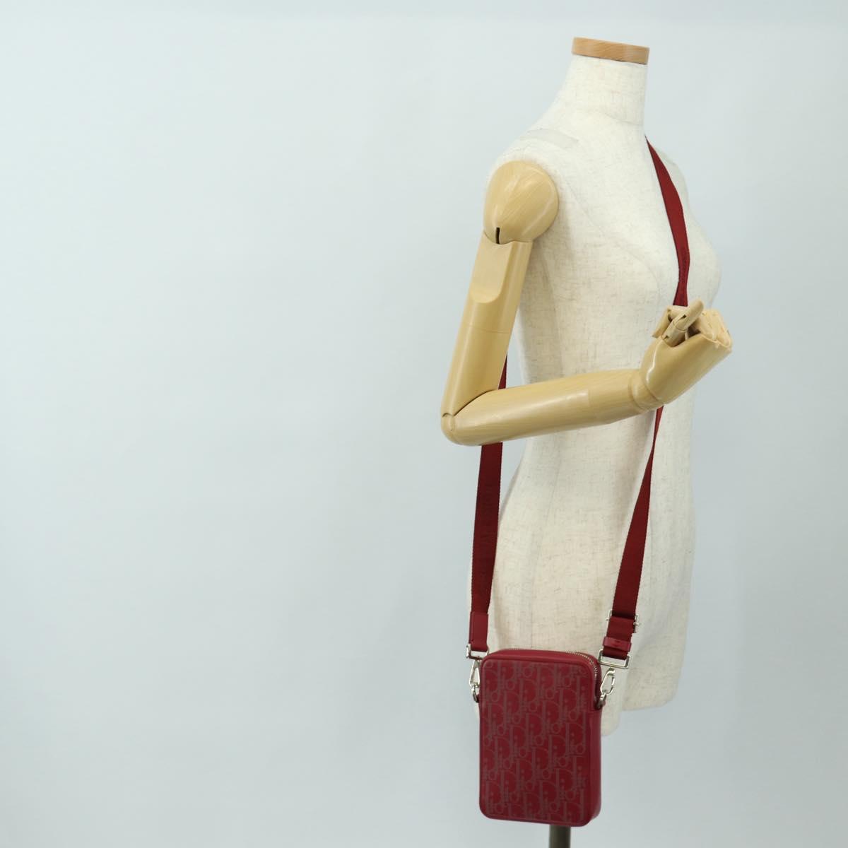 Christian Dior Trotter Canvas Shoulder Bag Leather Red Silver Auth 189811SM