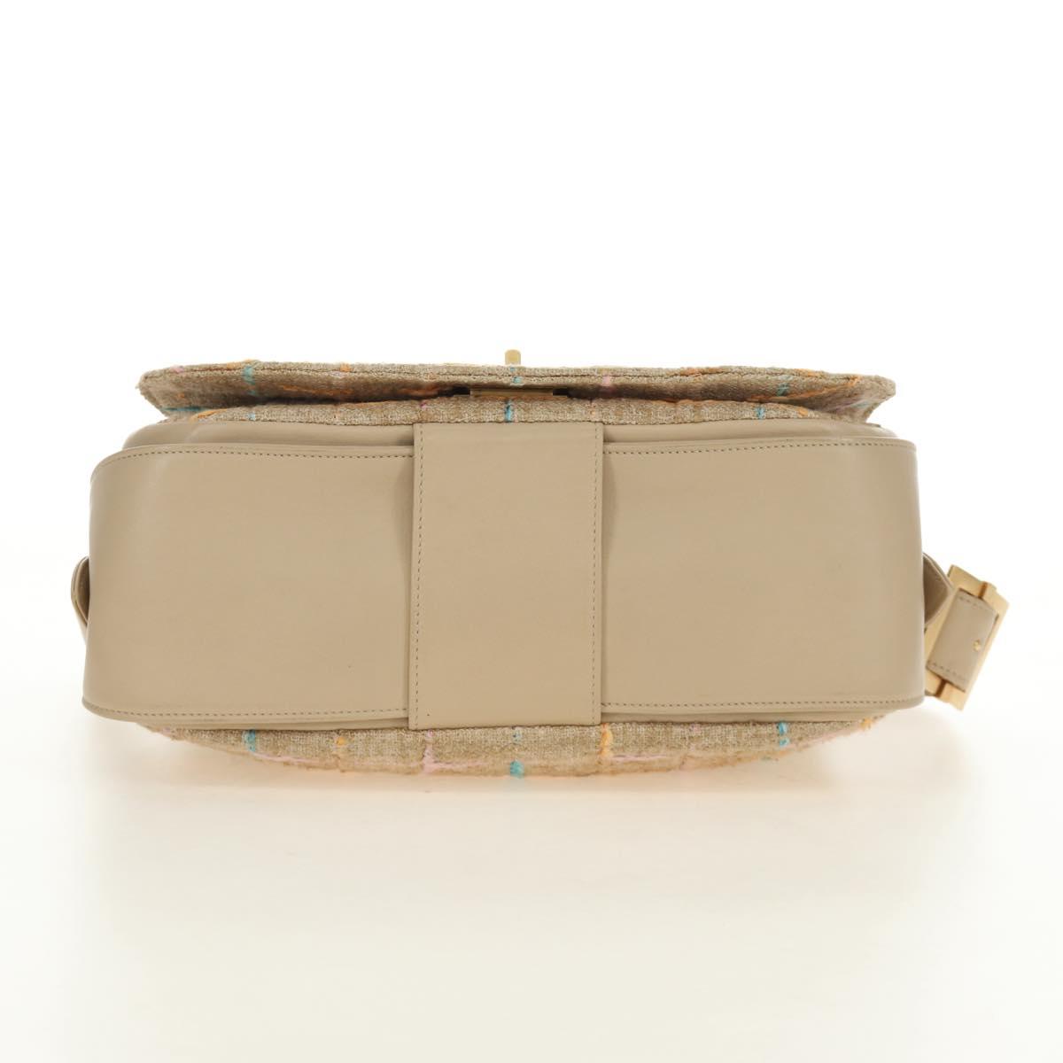 CHANEL 2.55 Shoulder Bag Tweed Beige Gold CC Auth 189821SAM