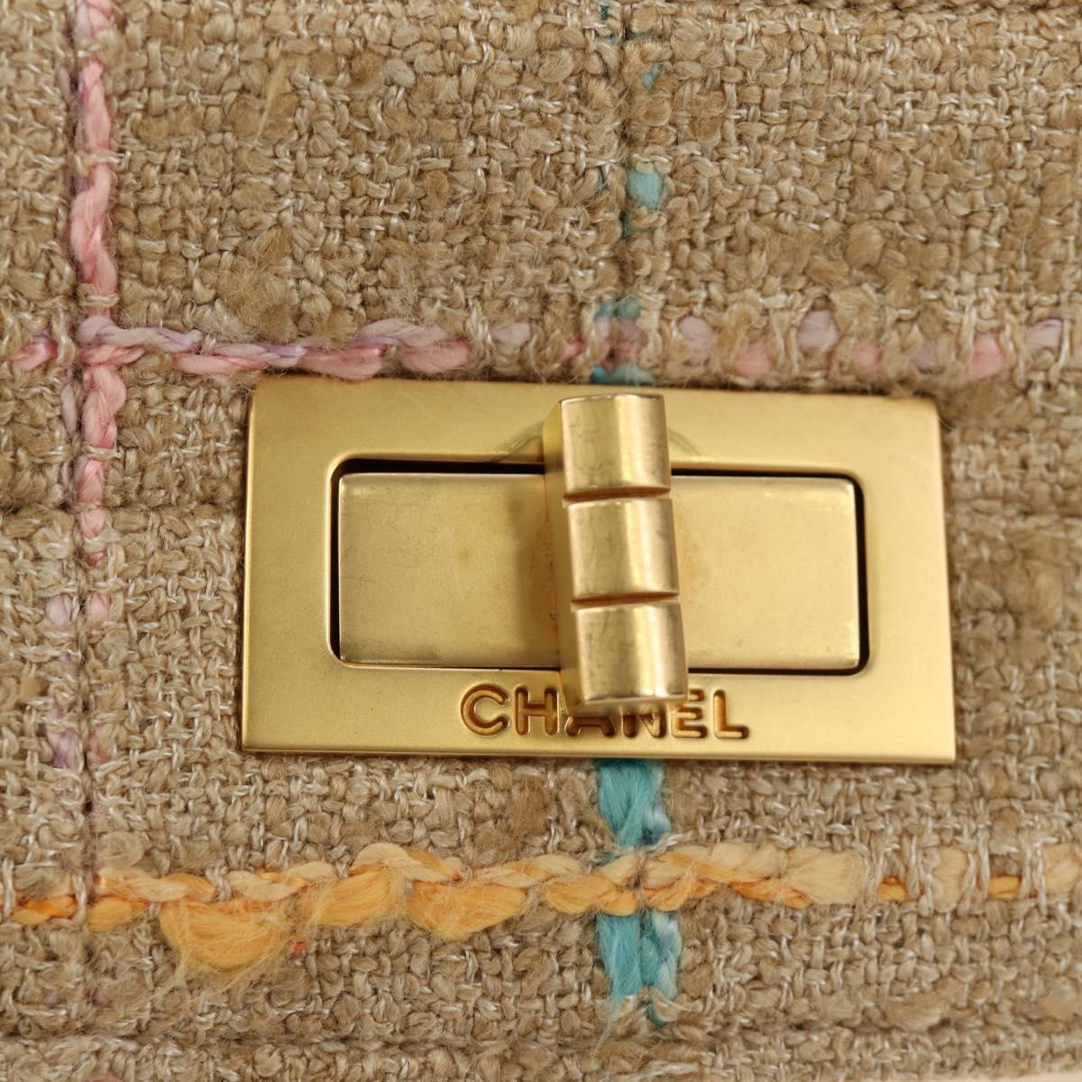 CHANEL 2.55 Shoulder Bag Tweed Beige Gold CC Auth 189821SAM