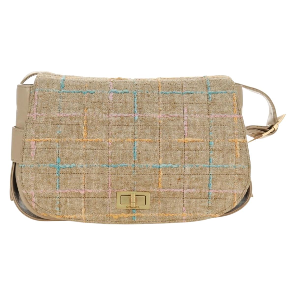 CHANEL 2.55 Shoulder Bag Tweed Beige Gold CC Auth 189821SAM