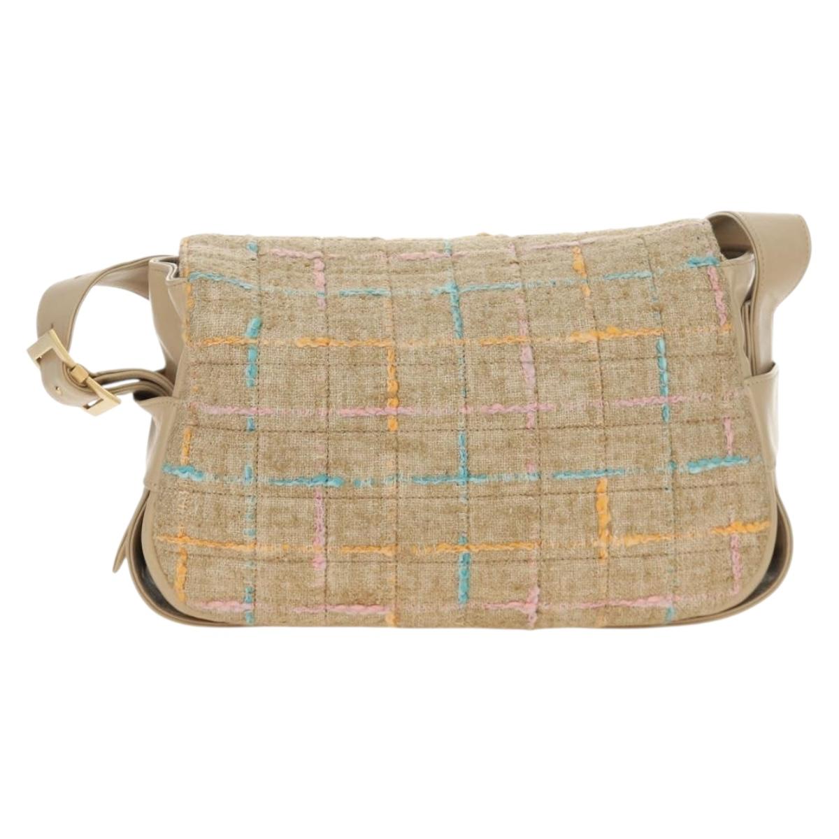 CHANEL 2.55 Shoulder Bag Tweed Beige Gold CC Auth 189821SAM