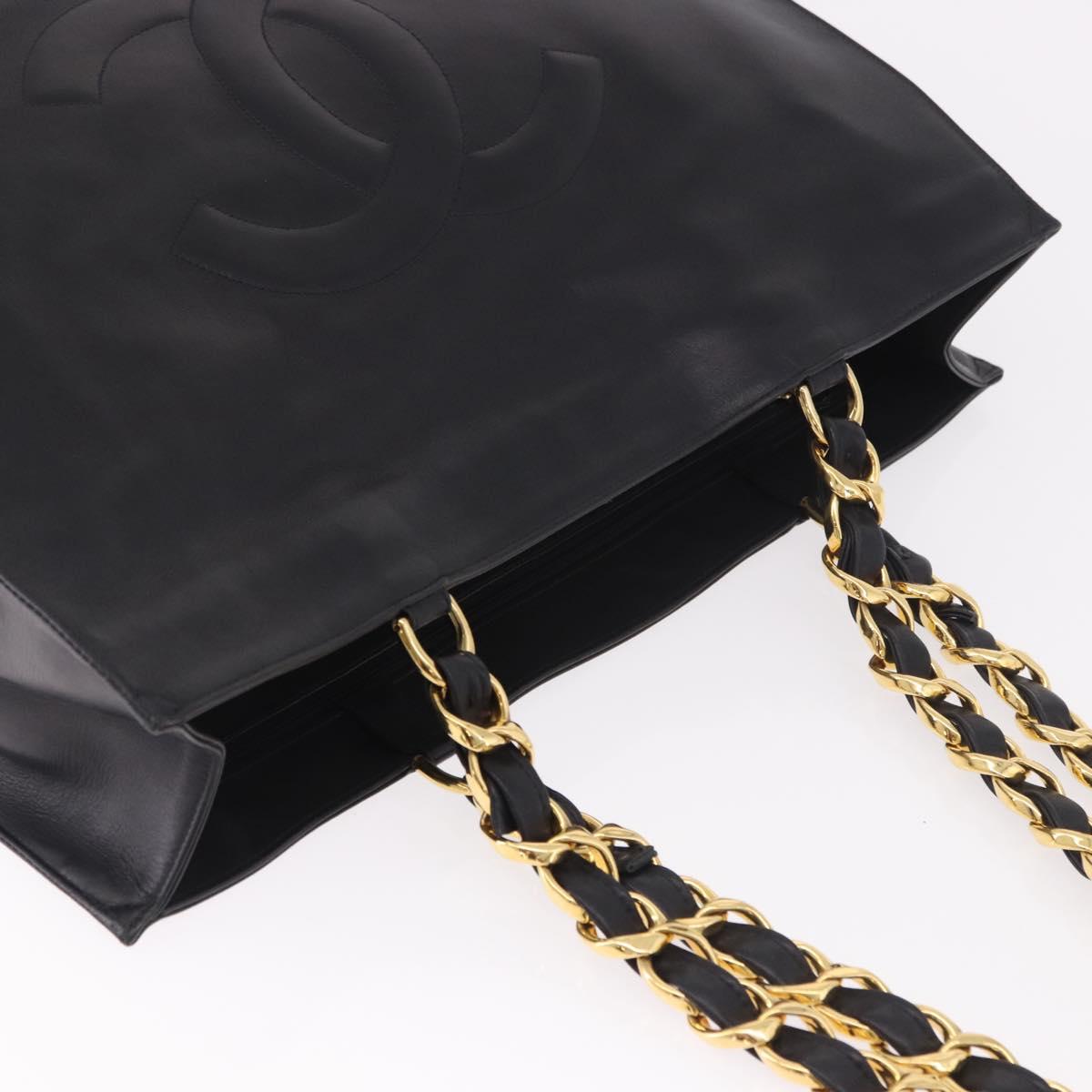 CHANEL Chain Shoulder Tote Bag Lamb Skin Black Gold CC Auth 189822V