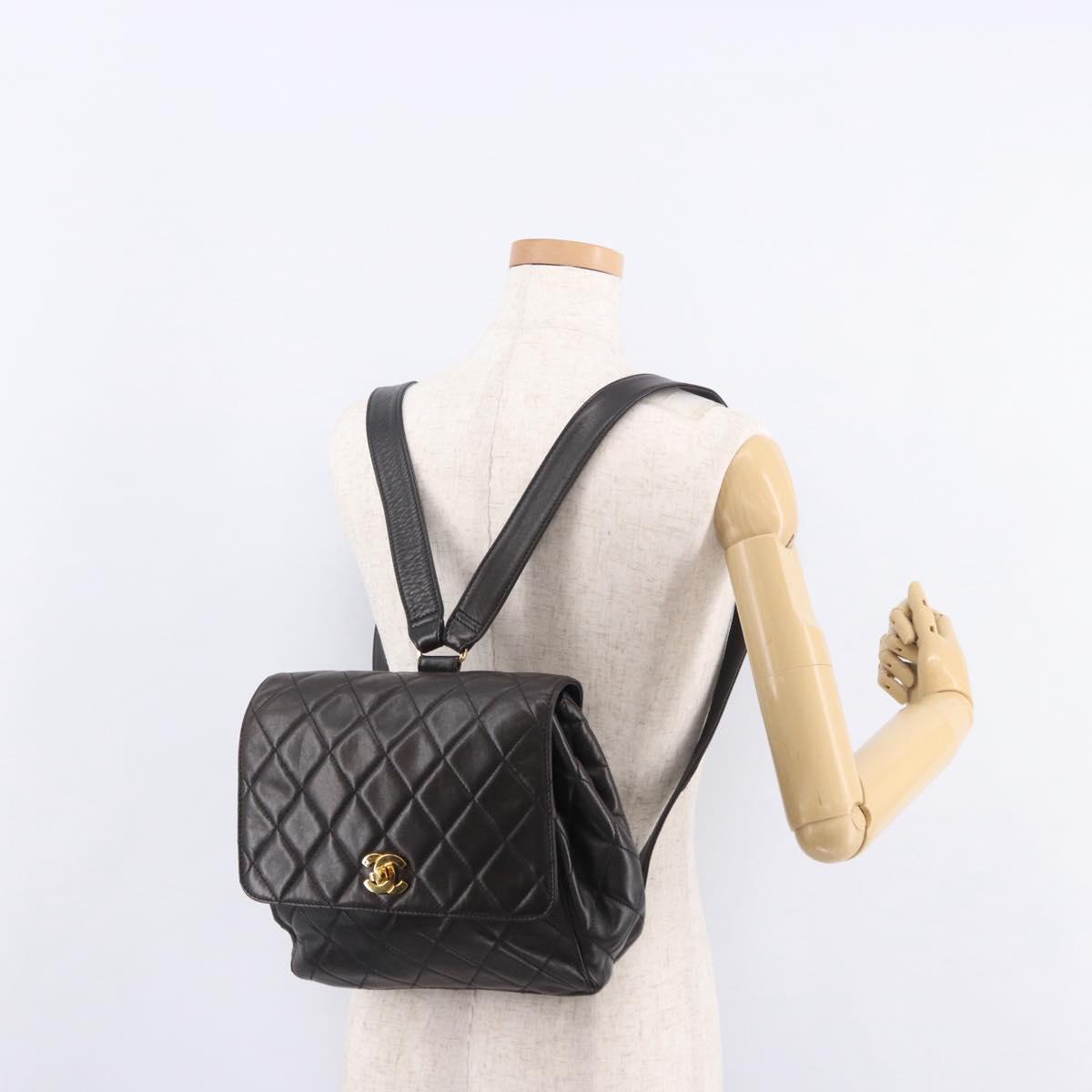 CHANEL Matelasse Backpack Lamb Skin Gold Black CC Auth 189824SAV
