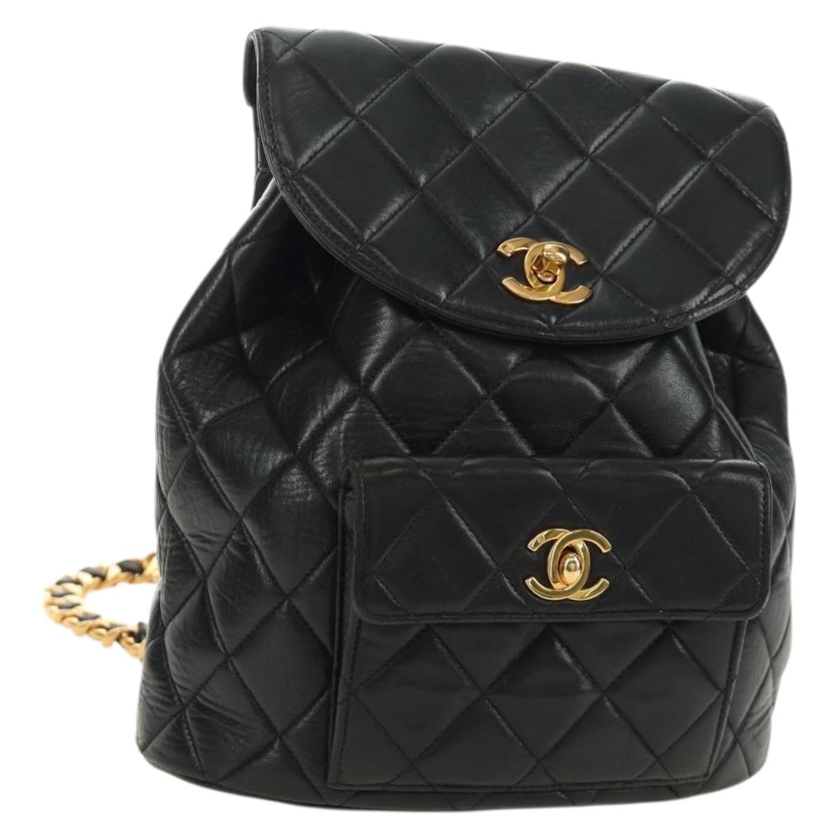 CHANEL Matelasse Chain Backpack Lamb Skin Gold Black CC Auth 189831SV