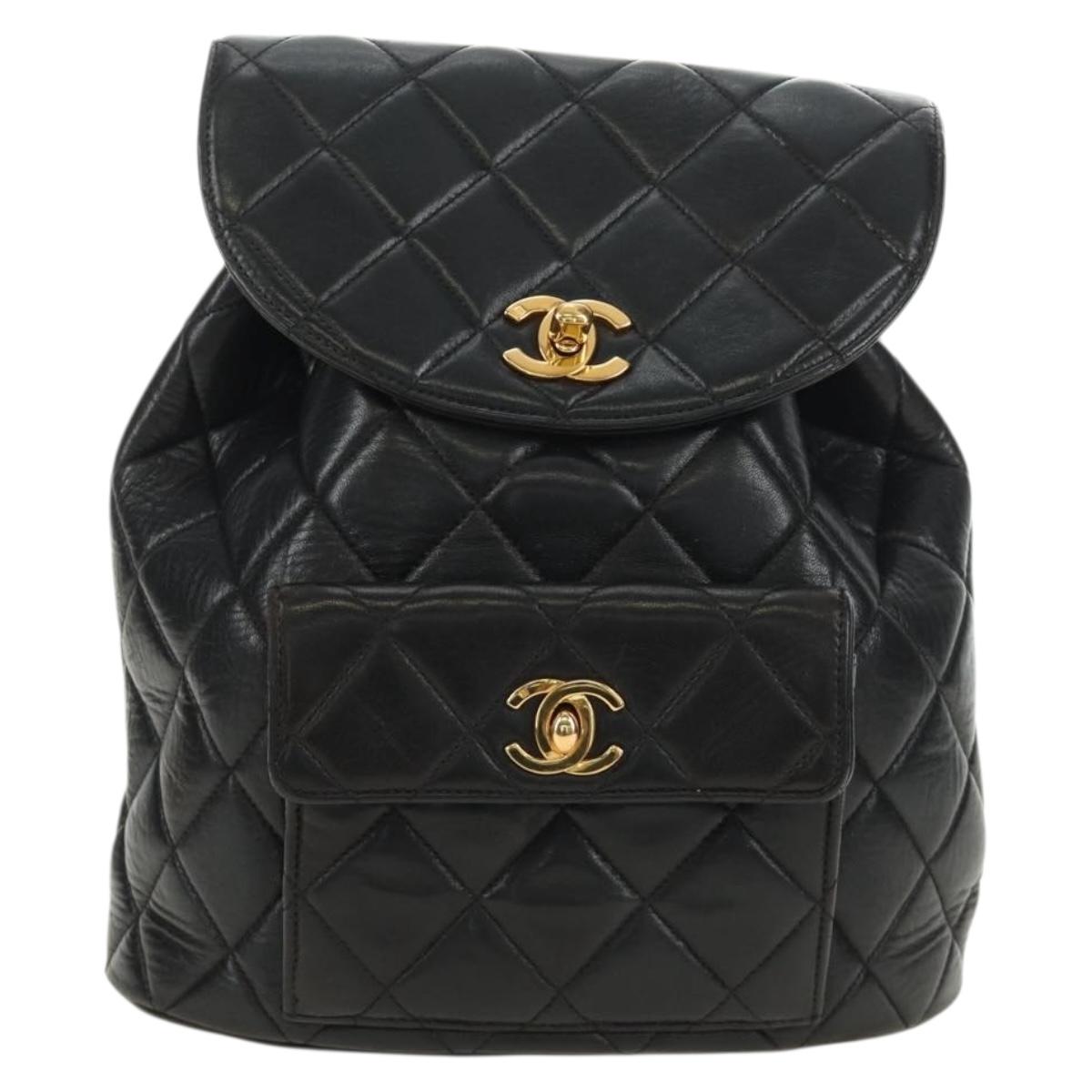 CHANEL Matelasse Chain Backpack Lamb Skin Gold Black CC Auth 189831SV