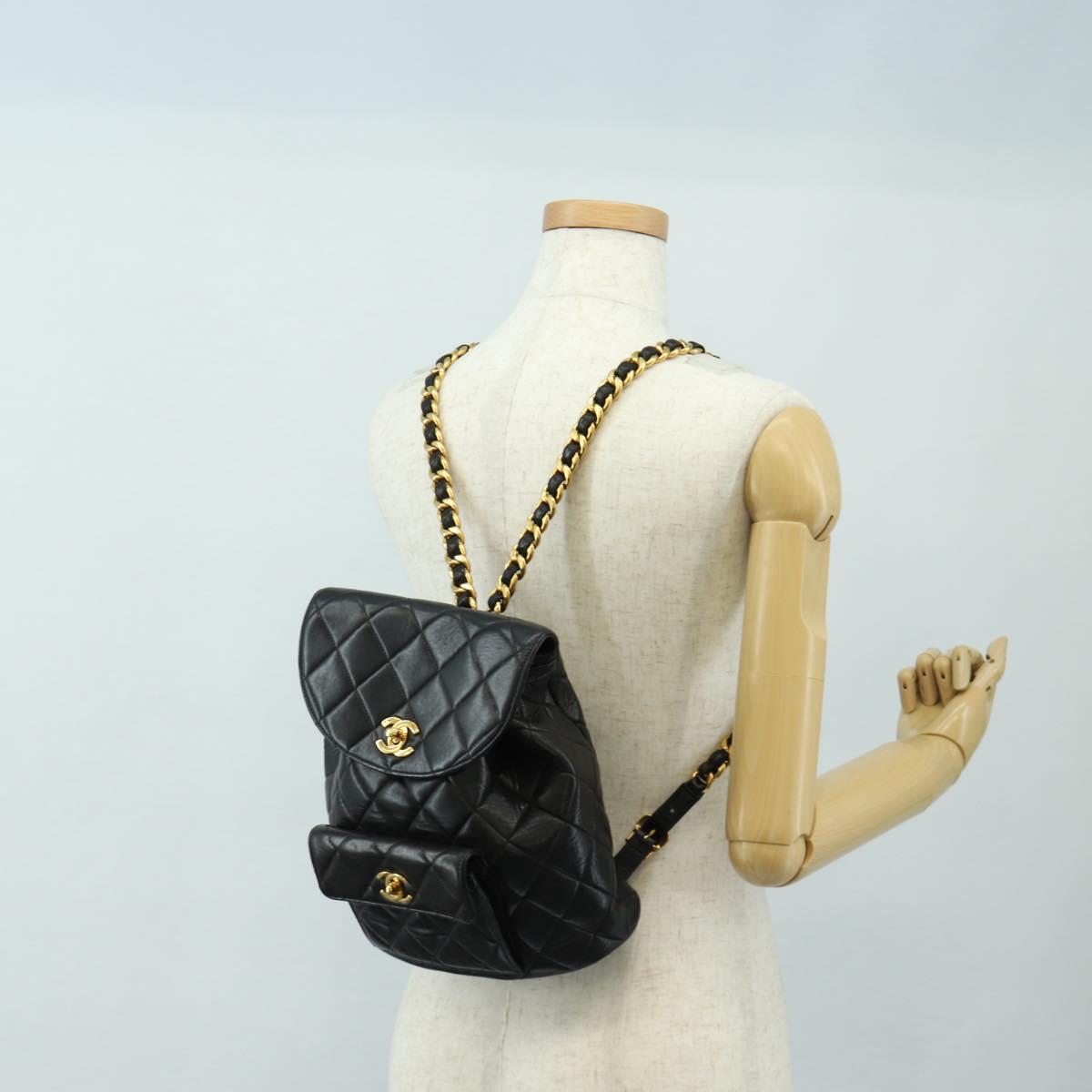 CHANEL Matelasse Chain Backpack Lamb Skin Gold Black CC Auth 189831SV