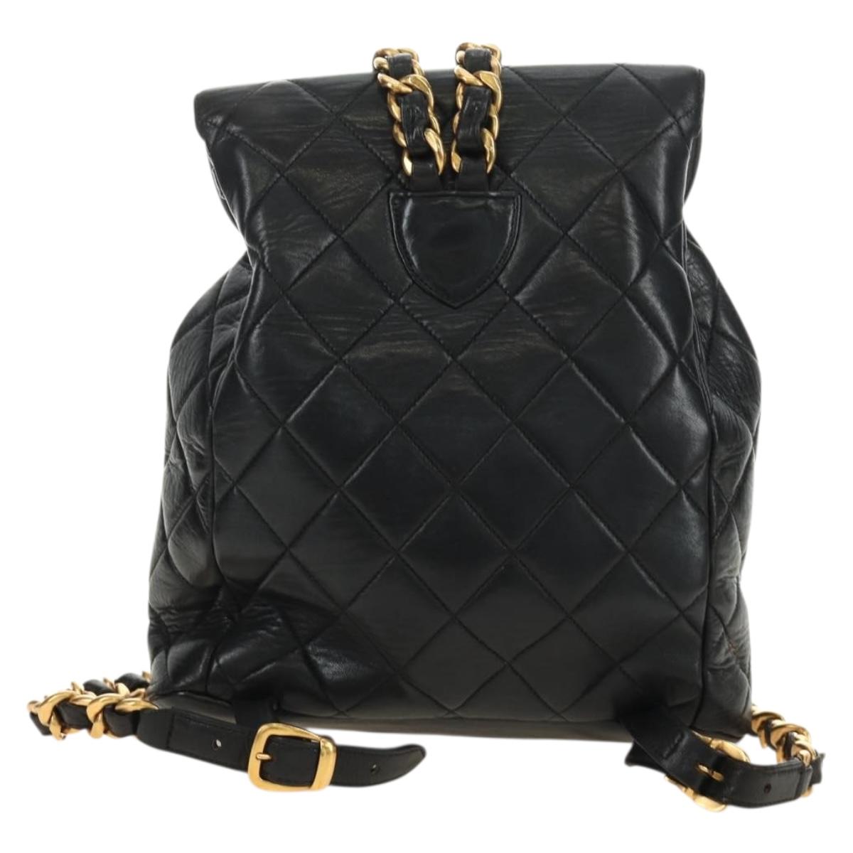 CHANEL Matelasse Chain Backpack Lamb Skin Gold Black CC Auth 189831SV