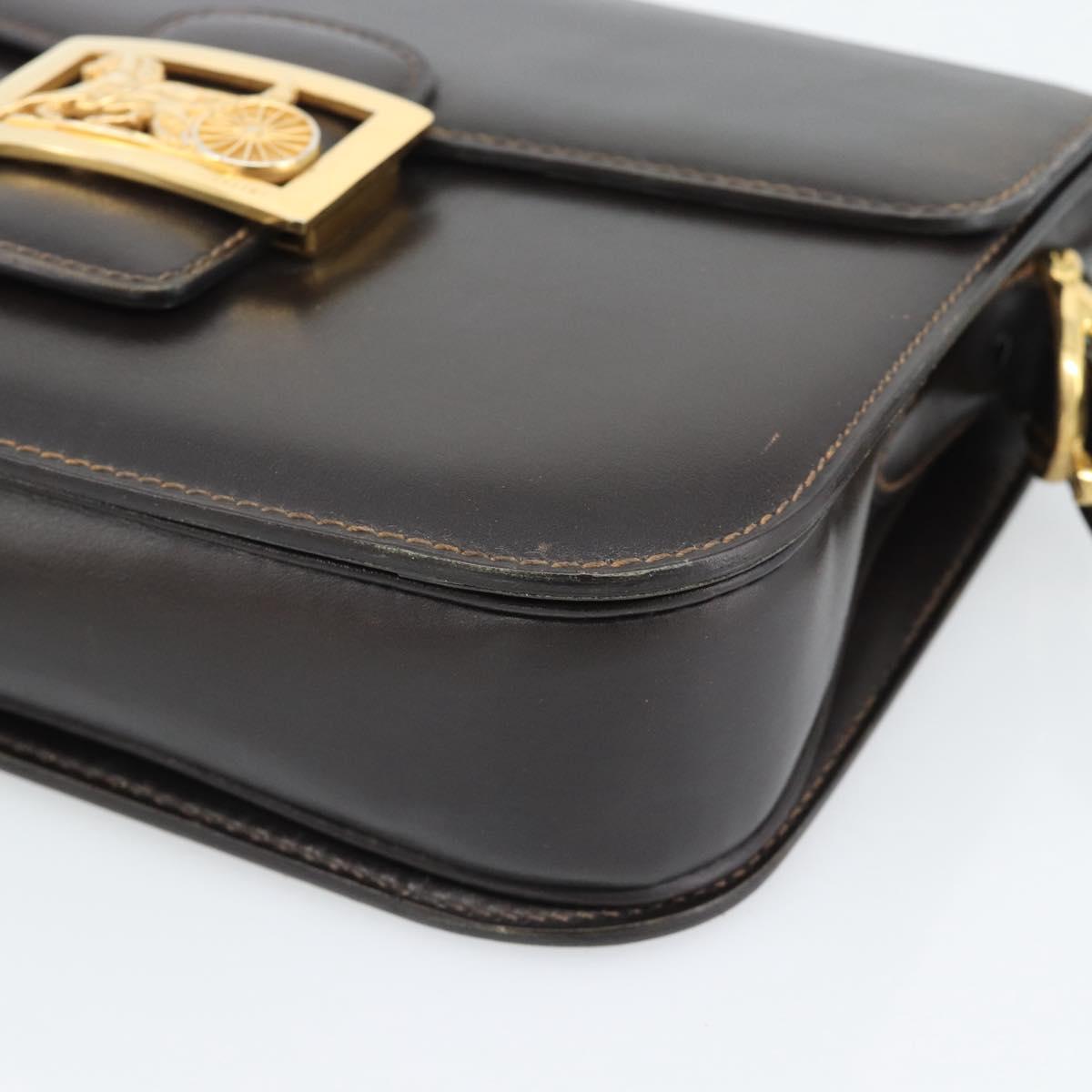 CELINE Horse Carriage Shoulder Bag Leather Dark Brown Gold Auth 189835A