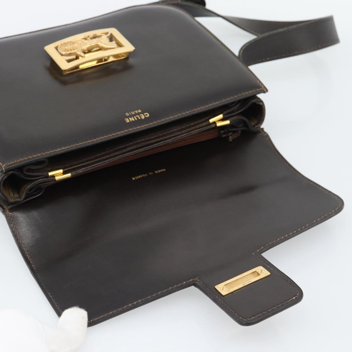 CELINE Horse Carriage Shoulder Bag Leather Dark Brown Gold Auth 189835A