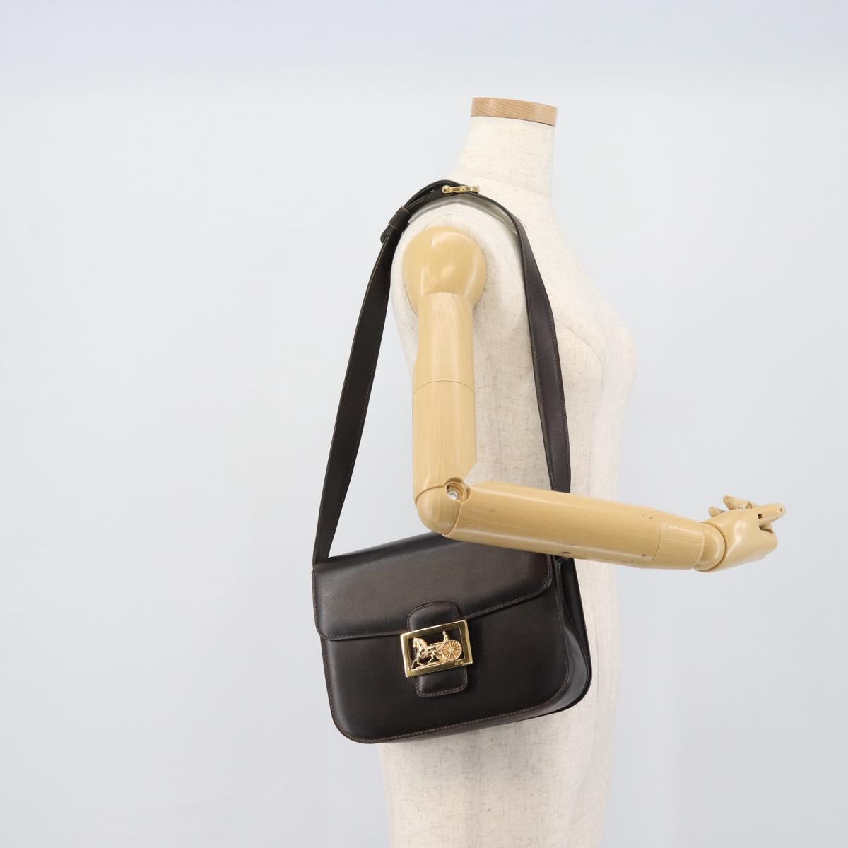 CELINE Horse Carriage Shoulder Bag Leather Dark Brown Gold Auth 189835A
