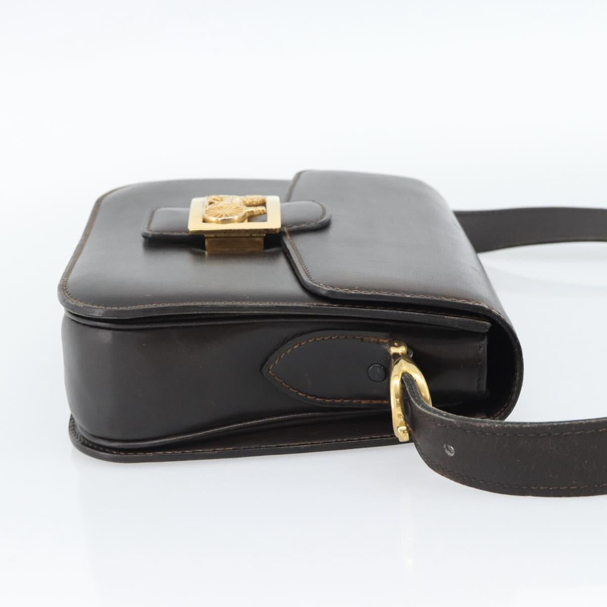 CELINE Horse Carriage Shoulder Bag Leather Dark Brown Gold Auth 189835A